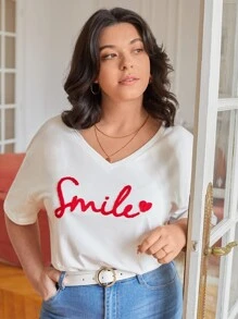 SHEIN Frenchy Plus Heart And Letter Patched Drop Shoulder Tee - White - View 6