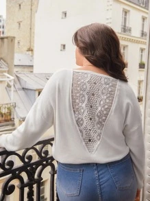 SHEIN Frenchy Plus Floral Embroidery Mesh Panel Drop Shoulder Jumper - White - View 4