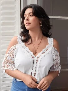 SHEIN Frenchy Plus Contrast Guipure lace Cold Shoulder Blouse - White - View 4