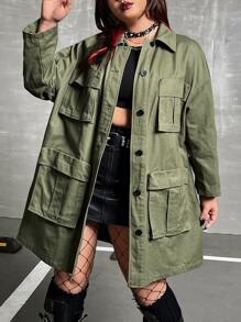 ROMWE PUNK Plus Flap Pocket Drop Shoulder Coat - Army Green - View 1
