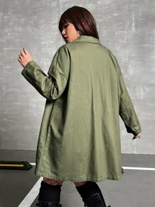 ROMWE PUNK Plus Flap Pocket Drop Shoulder Coat - Army Green - View 2