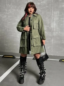 ROMWE PUNK Plus Flap Pocket Drop Shoulder Coat - Army Green - View 3