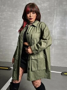 ROMWE PUNK Plus Flap Pocket Drop Shoulder Coat - Army Green - View 4
