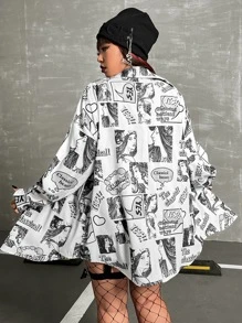 ROMWE PUNK Camisa con estampado de figura y letra de hombros caídos bajo curvo - Blanco y Negro - Ver 2