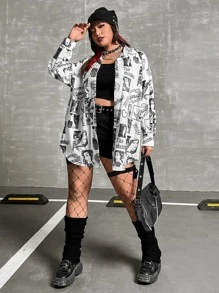 ROMWE PUNK Camisa con estampado de figura y letra de hombros caídos bajo curvo - Blanco y Negro - Ver 3