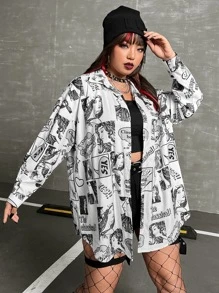 ROMWE PUNK Camisa con estampado de figura y letra de hombros caídos bajo curvo - Blanco y Negro - Ver 5