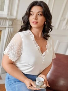SHEIN Frenchy Plus Contrast Lace Tee - White - View 4