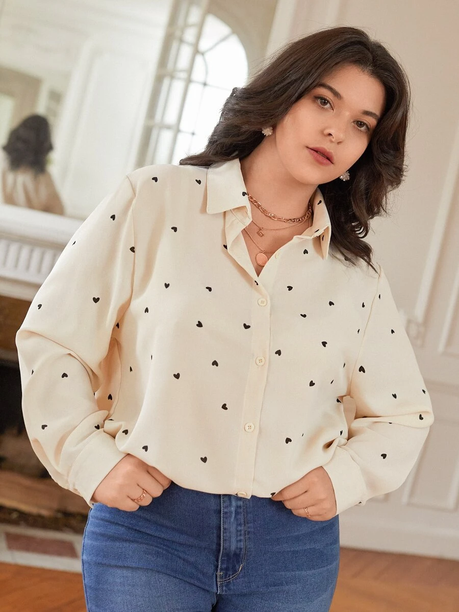 SHEIN Frenchy Plus Heart Print Button Up Shirt - Apricot - View 1