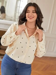 SHEIN Frenchy Plus Heart Print Button Up Shirt - Apricot - View 3