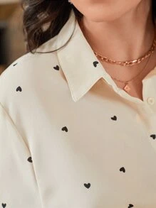 SHEIN Frenchy Plus Heart Print Button Up Shirt - Apricot - View 6