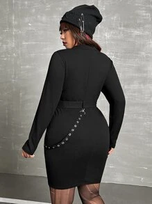 ROMWE PUNK Plus Zip Up Belted Bodycon Dress - Black - View 2