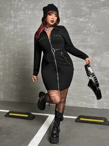 ROMWE PUNK Plus Zip Up Belted Bodycon Dress - Black - View 3
