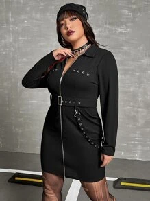 ROMWE PUNK Plus Zip Up Belted Bodycon Dress - Black - View 5
