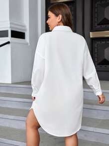 SHEIN Essnce 大碼落肩袖弧形下擺襯衫連衣裙不附腰帶 - 白色 - 查看 2