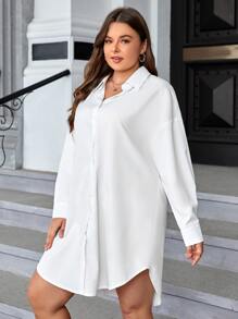 SHEIN Essnce 大碼落肩袖弧形下擺襯衫連衣裙不附腰帶 - 白色 - 查看 3