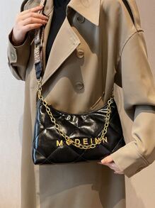 Quilted Letter Decor Hobo Bag - Black - View 6