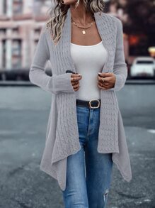 SHEIN LUNE Cable Knit Asymmetrical Hem Cardigan - Light Grey - View 3