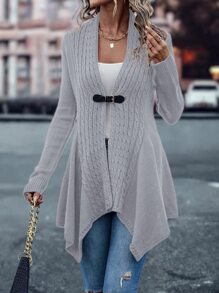 SHEIN LUNE Cable Knit Asymmetrical Hem Cardigan - Light Grey - View 4