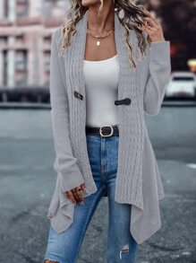 SHEIN LUNE Cable Knit Asymmetrical Hem Cardigan - Light Grey - View 5