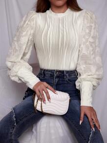 SHEIN Privé 小高領燈籠袖上衣 - 米色 - 查看 1