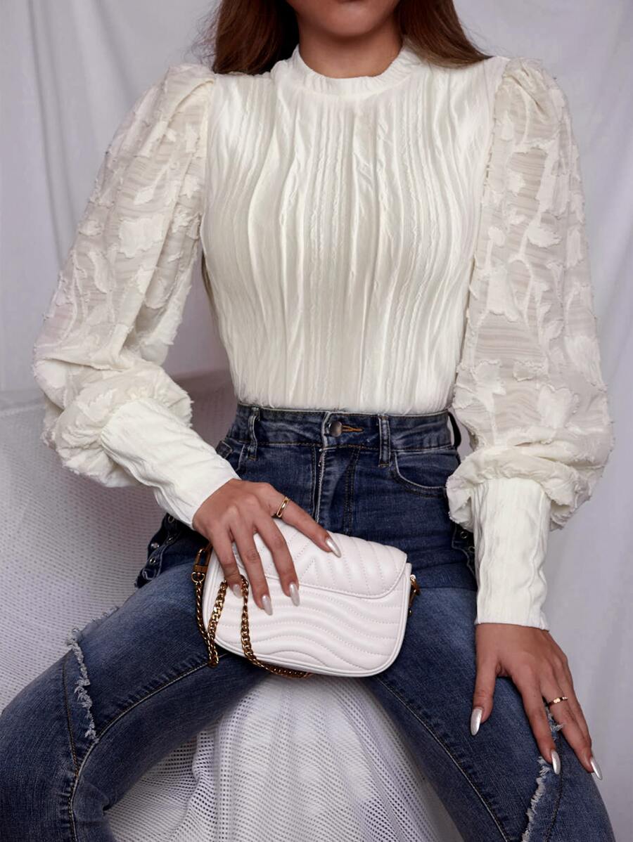 SHEIN Privé 小高領燈籠袖上衣 - 米色 - 查看 1