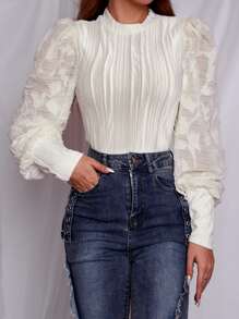 SHEIN Privé 小高領燈籠袖上衣 - 米色 - 查看 4