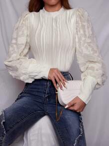 SHEIN Privé 小高領燈籠袖上衣 - 米色 - 查看 5