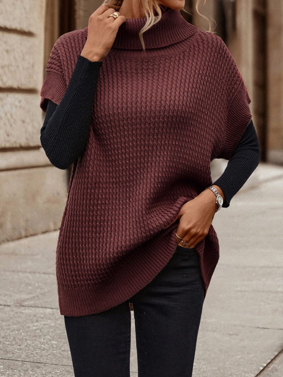 SHEIN LUNE 1pc Turtleneck Batwing Sleeve Sweater Vest - Burgundy - View 1