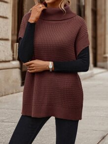 SHEIN LUNE 1pc Turtleneck Batwing Sleeve Sweater Vest - Burgundy - View 3
