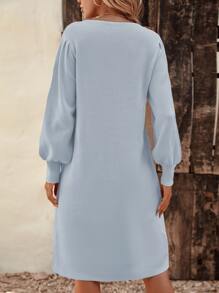 SHEIN LUNE Guipure Lace Panel Lantern Sleeve Jumper Dress - Baby Blue - View 2