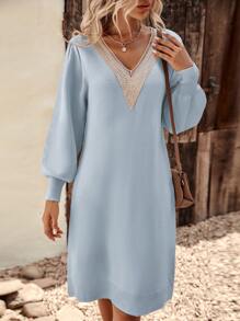 SHEIN LUNE Guipure Lace Panel Lantern Sleeve Jumper Dress - Baby Blue - View 3