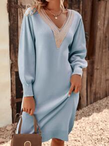 SHEIN LUNE Guipure Lace Panel Lantern Sleeve Jumper Dress - Baby Blue - View 4