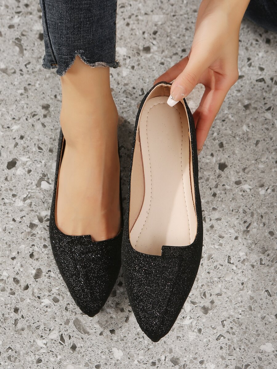 金屬亮絲尖頭芭蕾舞鞋 - 黑色 - 查看 1