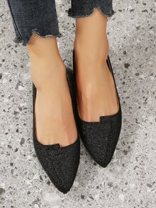 金屬亮絲尖頭芭蕾舞鞋 - 黑色 - 查看 3