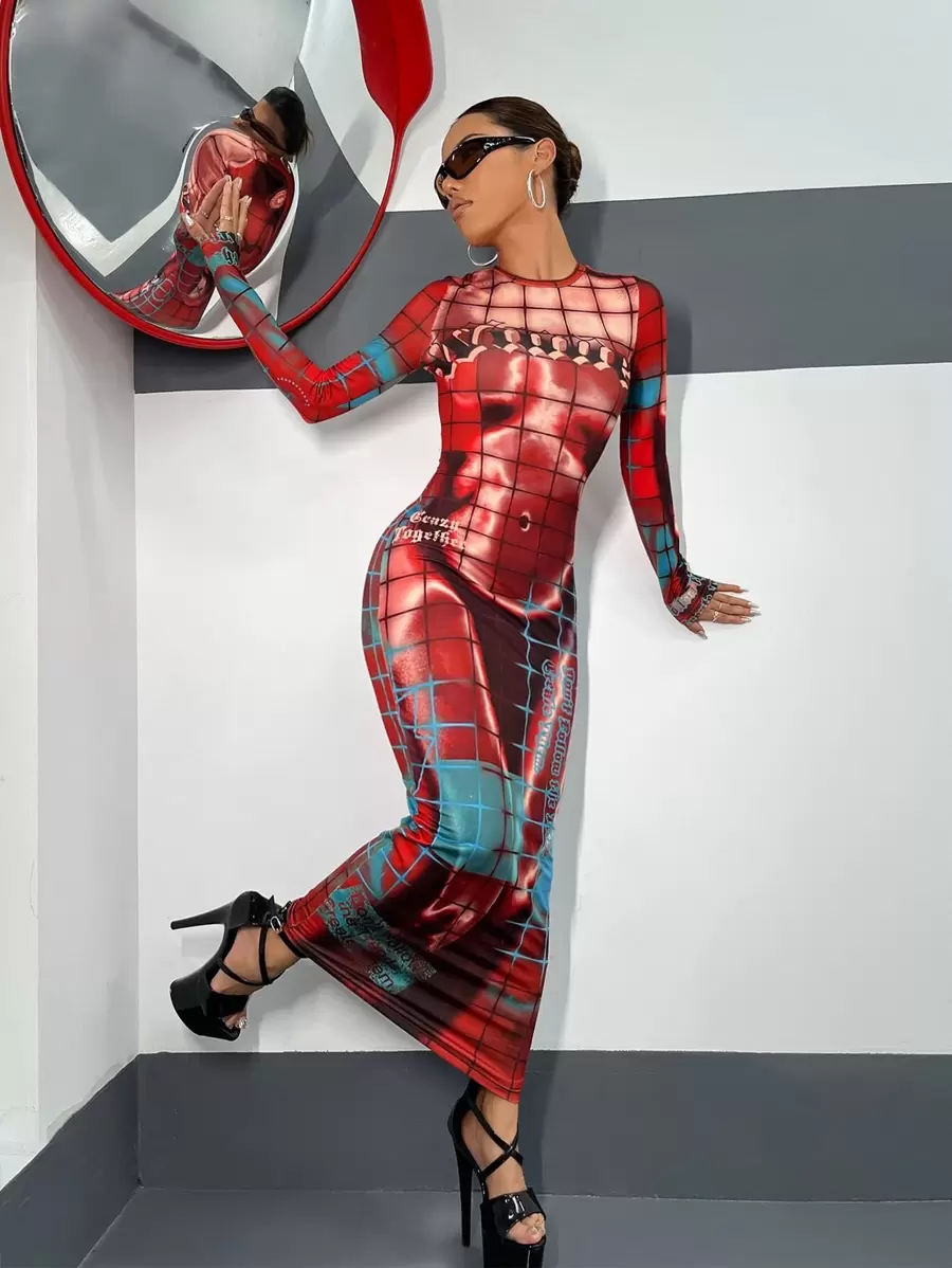 SHEIN ICON 身體地圖圖案緊身洋裝 - 彩色 - 查看 1