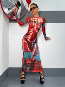 SHEIN ICON 身體地圖圖案緊身洋裝 - 彩色 - 查看 3