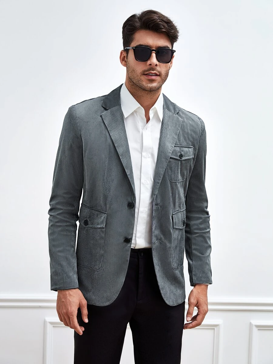 Manfinity Men Flap Pocket Single Breasted Corduroy Blazer - Grey - View 1