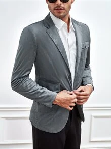 Manfinity Men Flap Pocket Single Breasted Corduroy Blazer - Grey - View 5