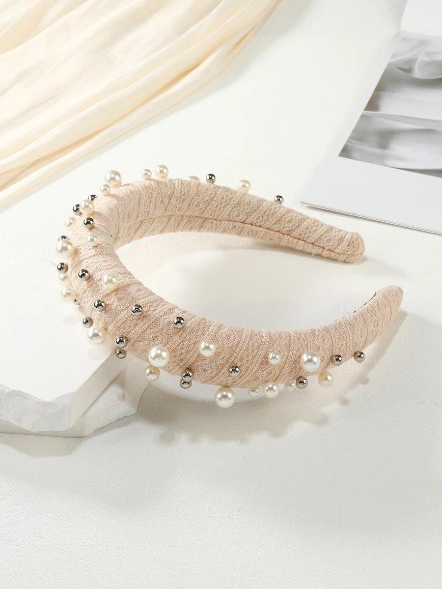 Rhinestone & Faux Pearl Decor Headband - Beige - View 1