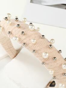 Rhinestone & Faux Pearl Decor Headband - Beige - View 3