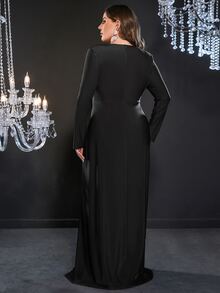 Faeriesty Vestido de vestir de cuello cruzado de muslo con abertura de satén - Negro - Ver 2