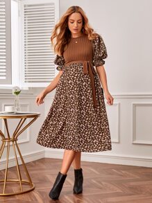 SHEIN Váy Bà bầu Xù Gân đan Thắt lưng Họa tiết hoa Thanh lịch - Nhiều màu - Xem 1