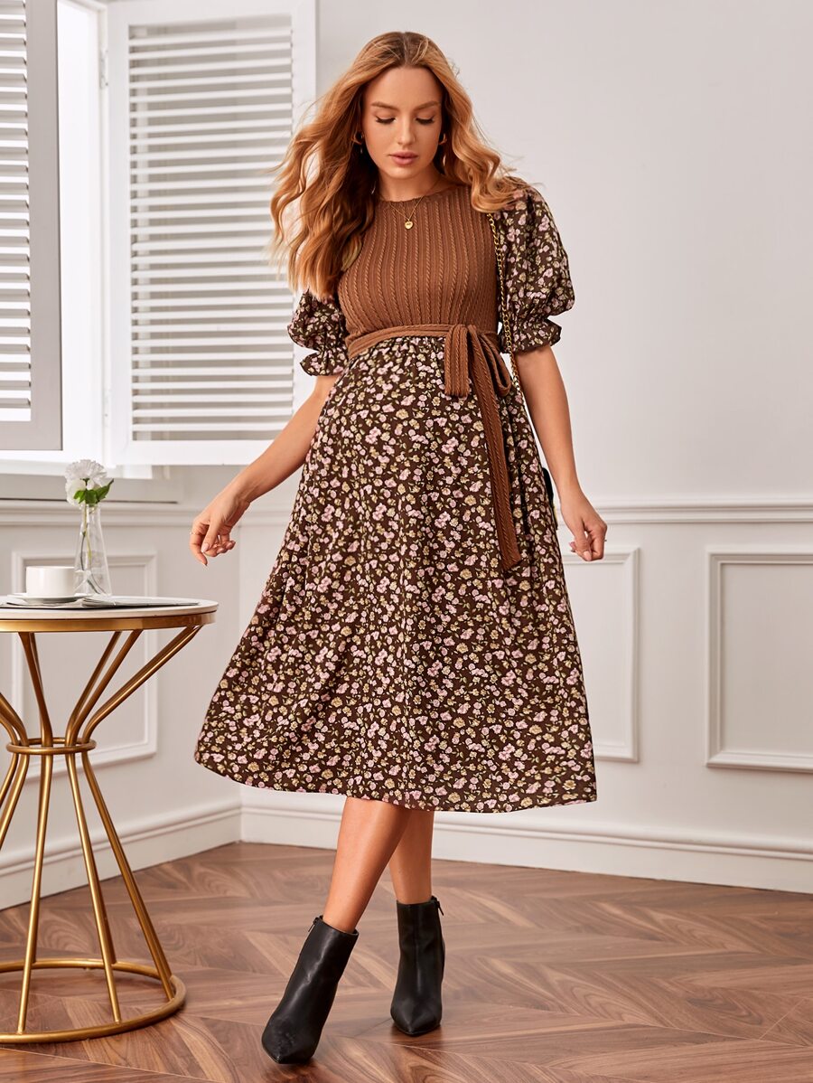 SHEIN Váy Bà bầu Xù Gân đan Thắt lưng Họa tiết hoa Thanh lịch - Nhiều màu - Xem 1