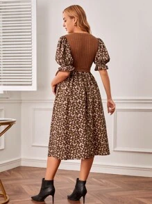 SHEIN Váy Bà bầu Xù Gân đan Thắt lưng Họa tiết hoa Thanh lịch - Nhiều màu - Xem 2