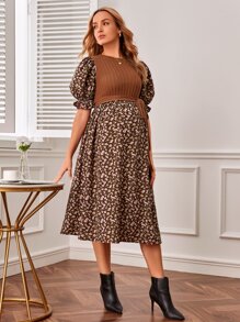 SHEIN Váy Bà bầu Xù Gân đan Thắt lưng Họa tiết hoa Thanh lịch - Nhiều màu - Xem 3