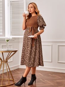 SHEIN Váy Bà bầu Xù Gân đan Thắt lưng Họa tiết hoa Thanh lịch - Nhiều màu - Xem 4