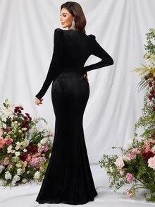 胸部褶皺羊腿袖絲絨舞會連衣裙 - 黑色 - 查看 2