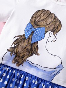 SHEIN 小女童人像圖案前蝴蝶結T恤和波卡圓點百褶半身裙 - 藍白色 - 查看 4