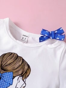 SHEIN 小女童人像圖案前蝴蝶結T恤和波卡圓點百褶半身裙 - 藍白色 - 查看 6