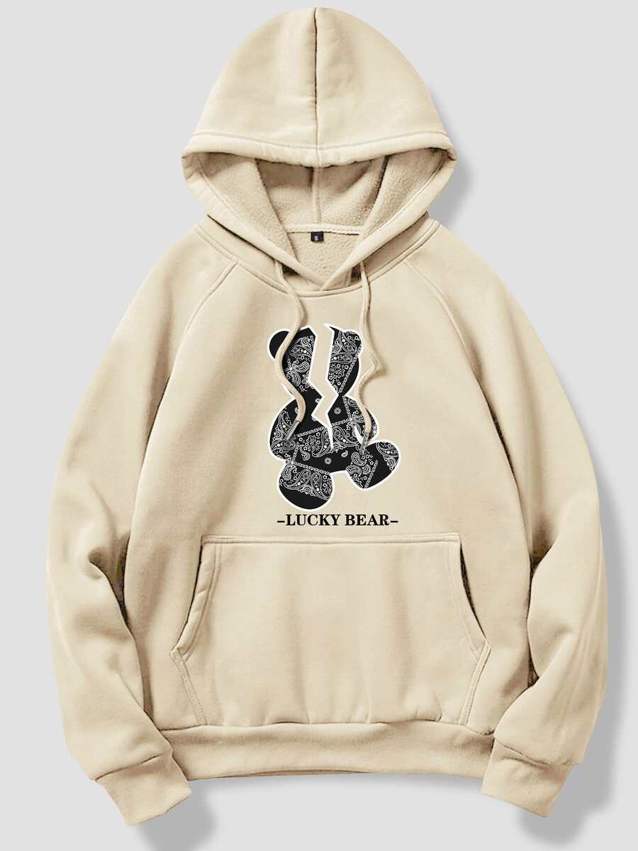 ROMWE MEN Guys Letter Cartoon Graphic Kangaroo Pocket Drawstring Hoodie - Apricot - View 1